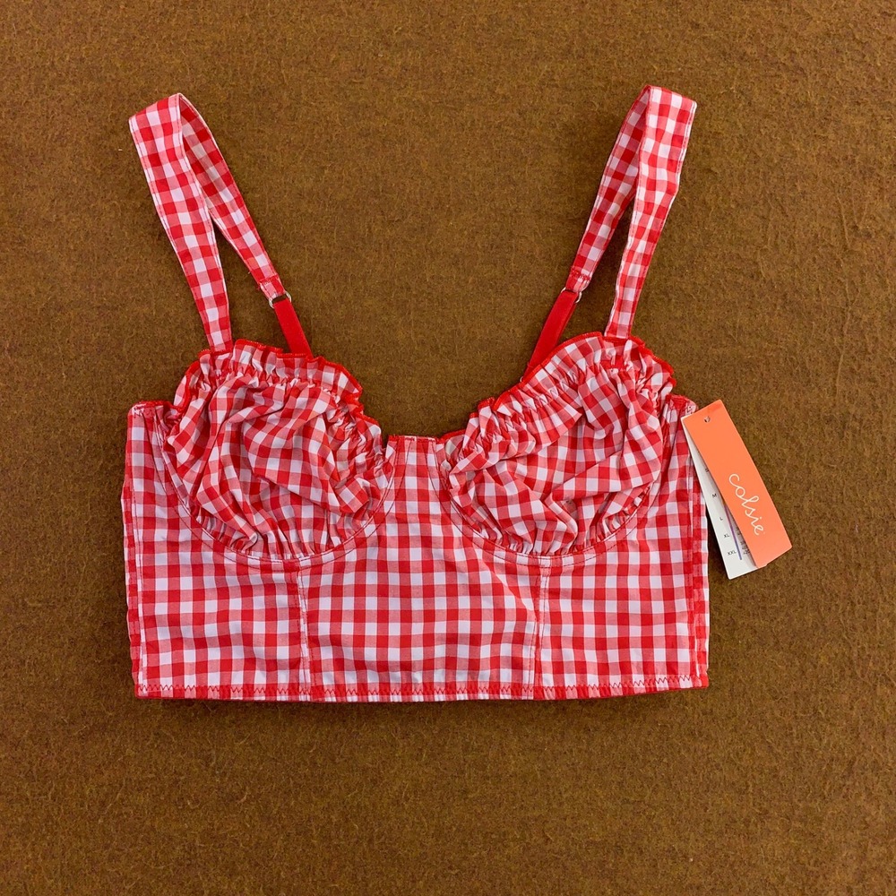 Colsie Womens Small Red Gingham Ruffle Underwire Bustier Crop Top NWT